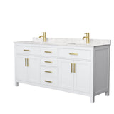 Wyndham Collection - Beckett 72 Inch Double Bathroom Vanity in White, Carrara Cultured Marble Countertop, Undermount Square Sinks, Brushed Gold Trim