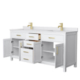 Beckett 72 Inch Double Bathroom Vanity in White, White Cultured Marble Countertop, Undermount Square Sinks, Brushed Gold Trim