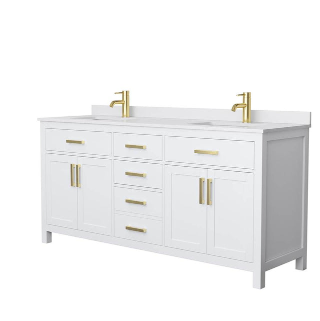 Wyndham Collection - Beckett 72 Inch Double Bathroom Vanity in White, White Cultured Marble Countertop, Undermount Square Sinks, Brushed Gold Trim
