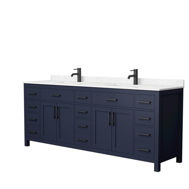 Wyndham Collection - Beckett 84 Inch Double Bathroom Vanity in Dark Blue, Carrara Cultured Marble Countertop, Undermount Square Sinks, Matte Black Trim