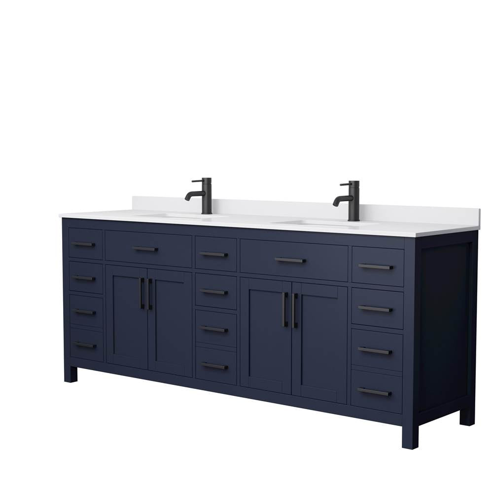 Wyndham Collection - Beckett 84 Inch Double Bathroom Vanity in Dark Blue, White Cultured Marble Countertop, Undermount Square Sinks, Matte Black Trim