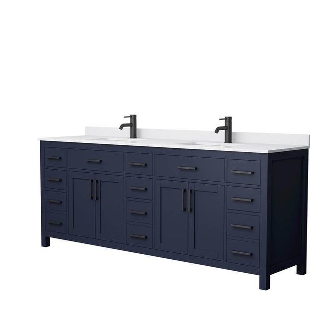 Wyndham Collection - Beckett 84 Inch Double Bathroom Vanity in Dark Blue, White Cultured Marble Countertop, Undermount Square Sinks, Matte Black Trim