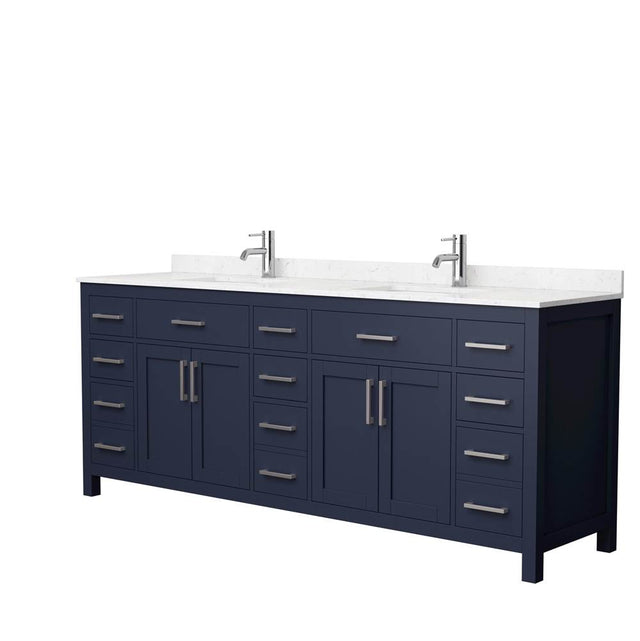 Wyndham Collection - Beckett 84 Inch Double Bathroom Vanity in Dark Blue, Carrara Cultured Marble Countertop, Undermount Square Sinks, Brushed Nickel Trim