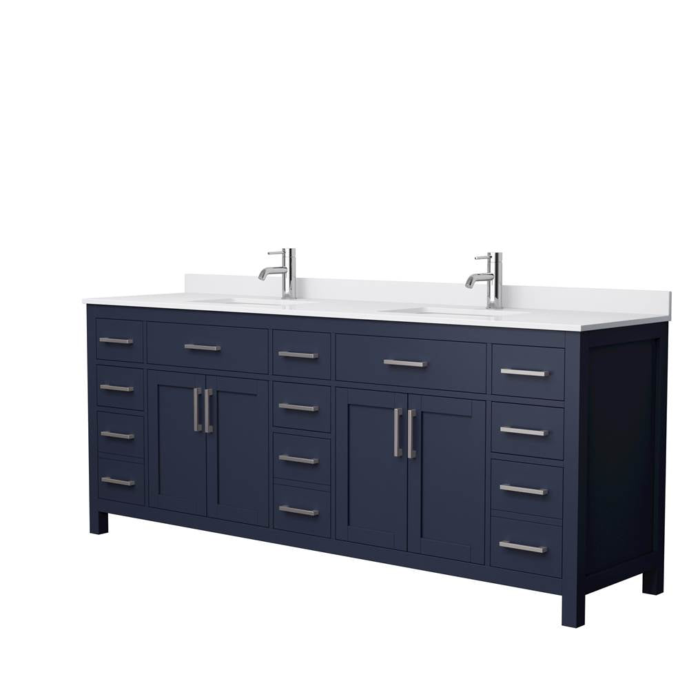 Wyndham Collection - Beckett 84 Inch Double Bathroom Vanity in Dark Blue, White Cultured Marble Countertop, Undermount Square Sinks, Brushed Nickel Trim