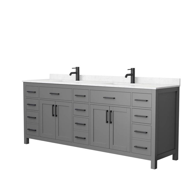 Wyndham Collection - Beckett 84 Inch Double Bathroom Vanity in Dark Gray, Carrara Cultured Marble Countertop, Undermount Square Sinks, Matte Black Trim