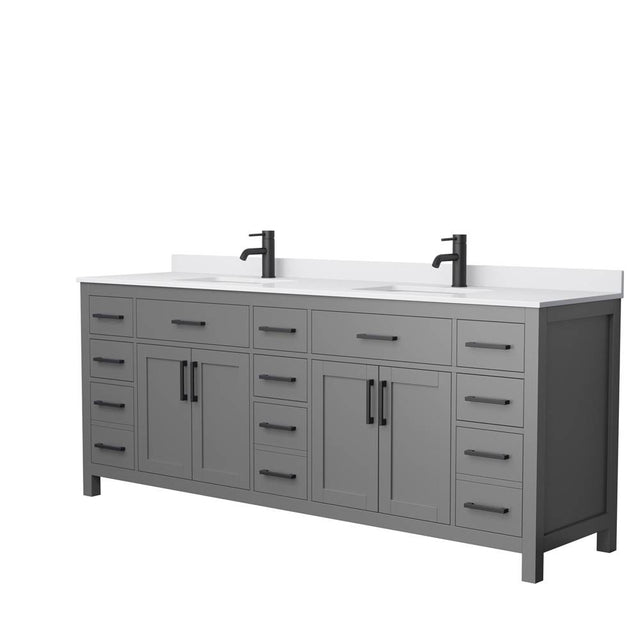 Wyndham Collection - Beckett 84 Inch Double Bathroom Vanity in Dark Gray, White Cultured Marble Countertop, Undermount Square Sinks, Matte Black Trim