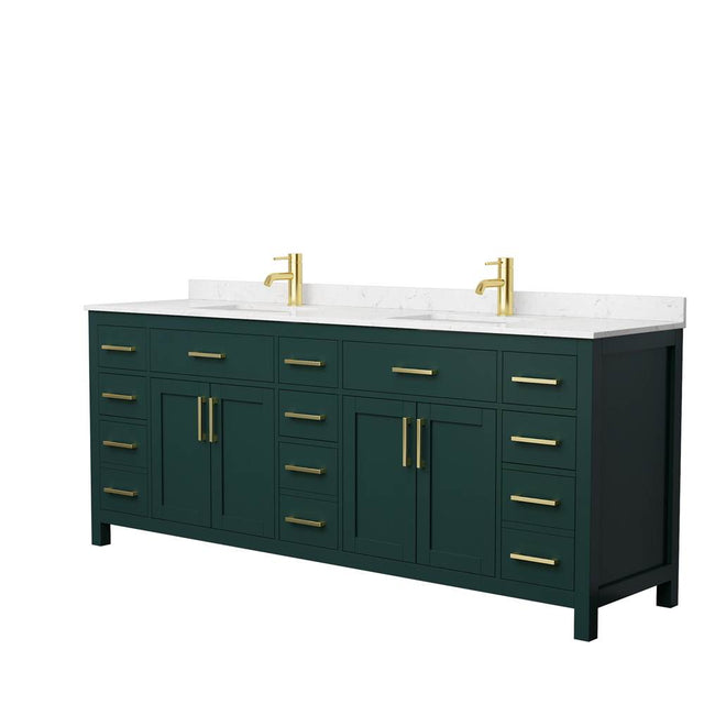 Wyndham Collection - Beckett 84 Inch Double Bathroom Vanity in Green, Carrara Cultured Marble Countertop, Undermount Square Sinks, Brushed Gold Trim
