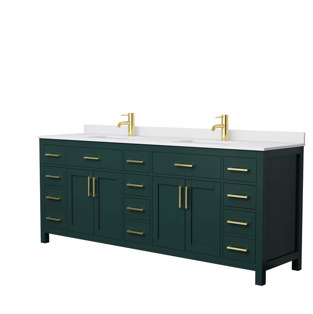 Wyndham Collection - Beckett 84 Inch Double Bathroom Vanity in Green, White Cultured Marble Countertop, Undermount Square Sinks, Brushed Gold Trim