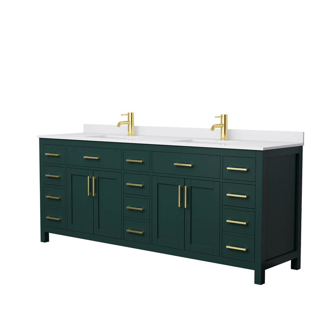 Wyndham Collection - Beckett 84 Inch Double Bathroom Vanity in Green, White Cultured Marble Countertop, Undermount Square Sinks, Brushed Gold Trim