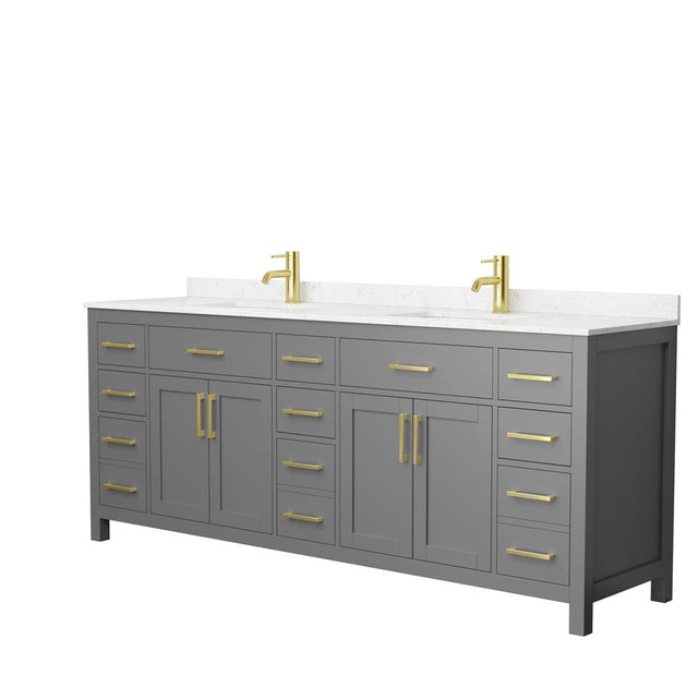 Wyndham Collection - Beckett 84 Inch Double Bathroom Vanity in Dark Gray, Carrara Cultured Marble Countertop, Undermount Square Sinks, Brushed Gold Trim
