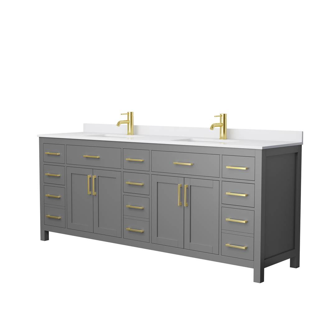 Wyndham Collection - Beckett 84 Inch Double Bathroom Vanity in Dark Gray, White Cultured Marble Countertop, Undermount Square Sinks, Brushed Gold Trim