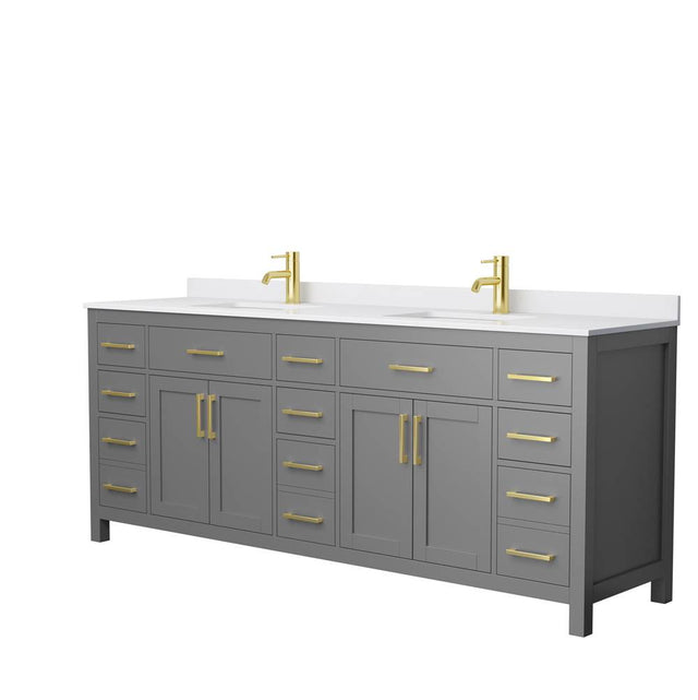 Wyndham Collection - Beckett 84 Inch Double Bathroom Vanity in Dark Gray, White Cultured Marble Countertop, Undermount Square Sinks, Brushed Gold Trim