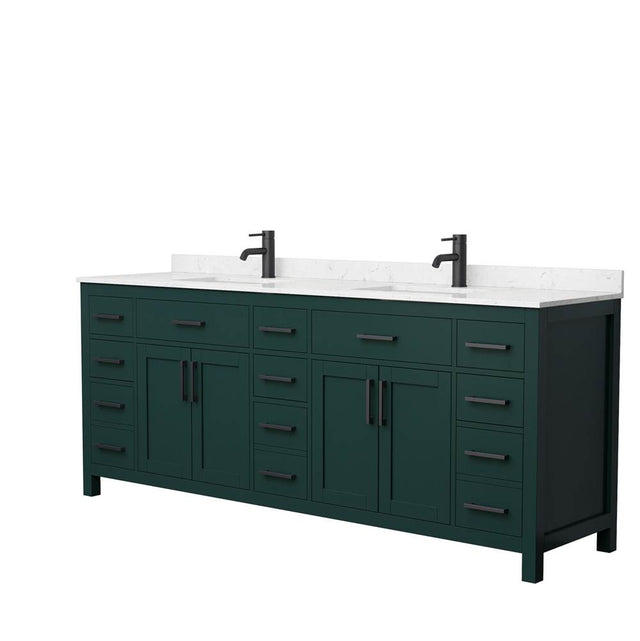 Wyndham Collection - Beckett 84 Inch Double Bathroom Vanity in Green, Carrara Cultured Marble Countertop, Undermount Square Sinks, Matte Black Trim