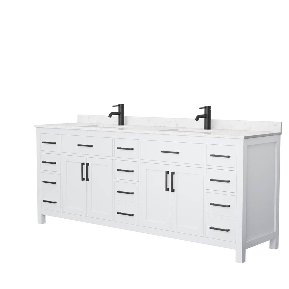 Wyndham Collection - Beckett 84 Inch Double Bathroom Vanity in White, Carrara Cultured Marble Countertop, Undermount Square Sinks, Matte Black Trim