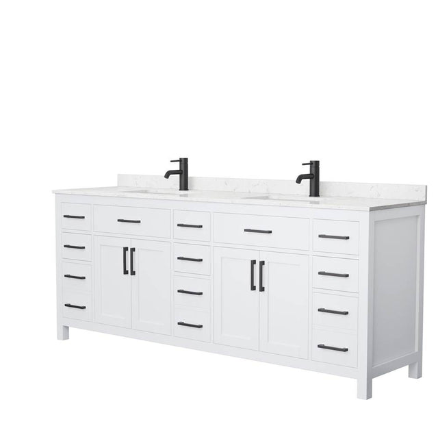 Wyndham Collection - Beckett 84 Inch Double Bathroom Vanity in White, Carrara Cultured Marble Countertop, Undermount Square Sinks, Matte Black Trim