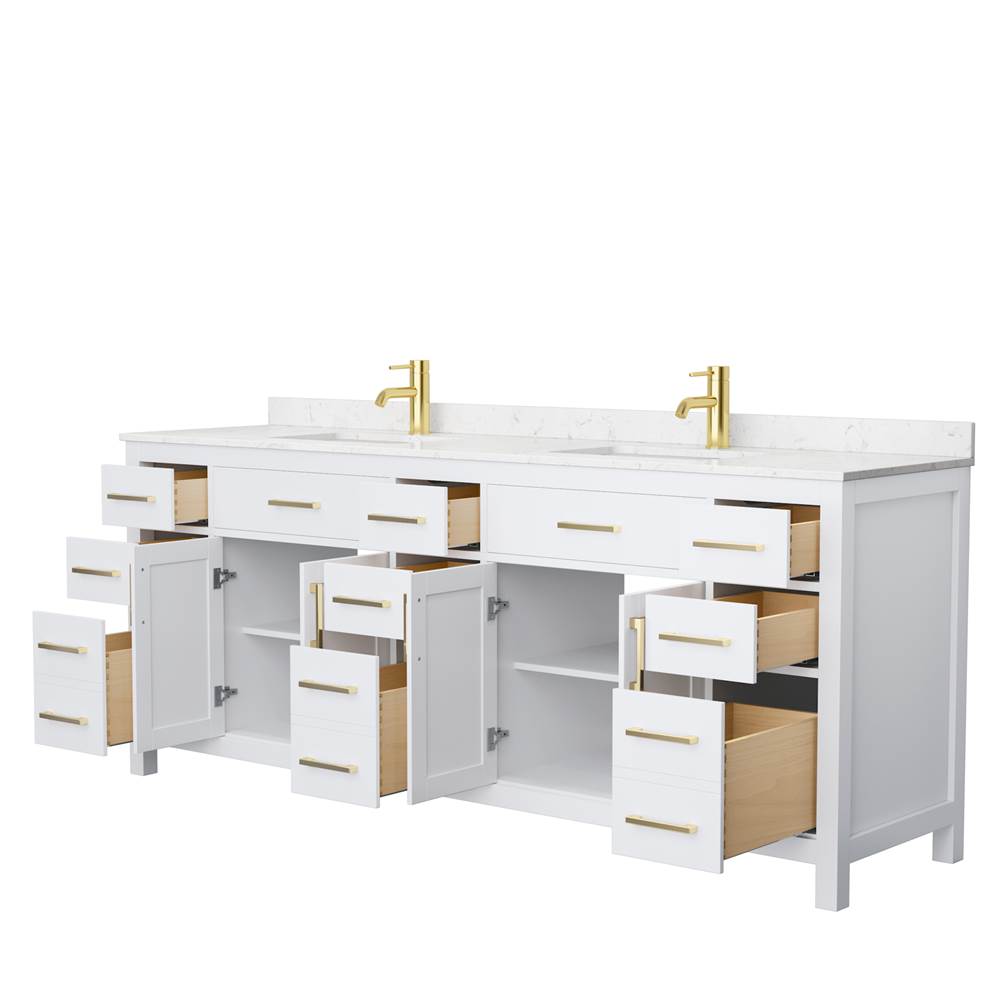 Beckett 84 Inch Double Bathroom Vanity in White, Carrara Cultured Marble Countertop, Undermount Square Sinks, Brushed Gold Trim