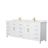 Wyndham Collection - Beckett 84 Inch Double Bathroom Vanity in White, Carrara Cultured Marble Countertop, Undermount Square Sinks, Brushed Gold Trim