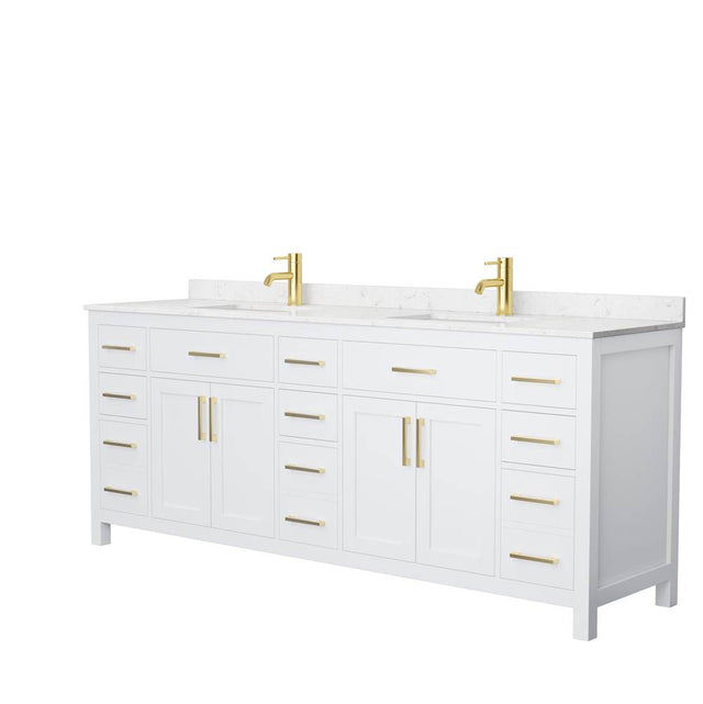 Wyndham Collection - Beckett 84 Inch Double Bathroom Vanity in White, Carrara Cultured Marble Countertop, Undermount Square Sinks, Brushed Gold Trim