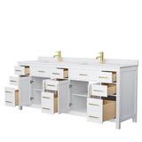 Beckett 84 Inch Double Bathroom Vanity in White, White Cultured Marble Countertop, Undermount Square Sinks, Brushed Gold Trim