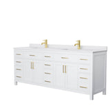 Wyndham Collection - Beckett 84 Inch Double Bathroom Vanity in White, White Cultured Marble Countertop, Undermount Square Sinks, Brushed Gold Trim
