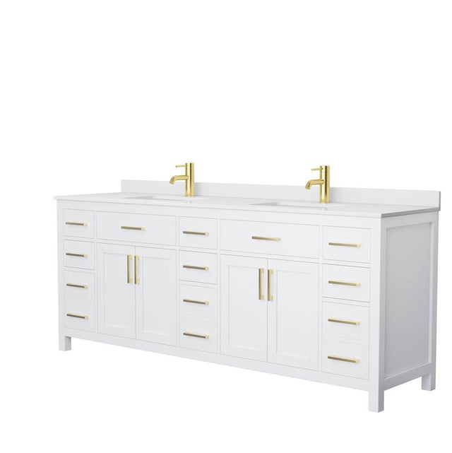 Wyndham Collection - Beckett 84 Inch Double Bathroom Vanity in White, White Cultured Marble Countertop, Undermount Square Sinks, Brushed Gold Trim
