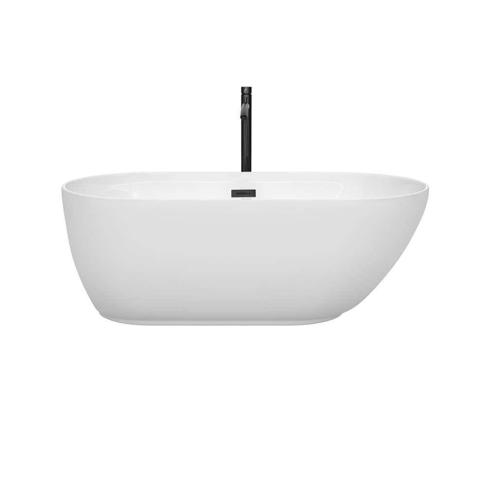 Melissa 60 Inch Freestanding Bathtub in White with Floor Mounted Faucet, Drain and Overflow Trim in Matte Black