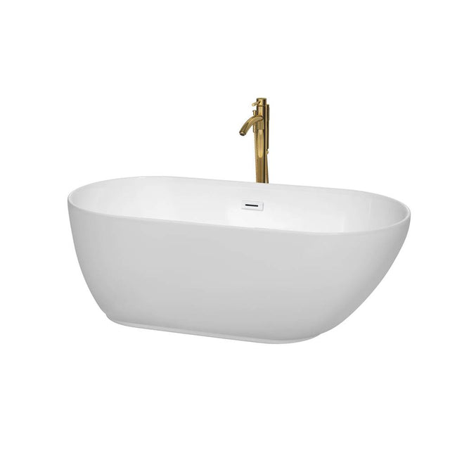 Wyndham Collection - Melissa 60 Inch Freestanding Bathtub in White with Shiny White Trim and Floor Mounted Faucet in Brushed Gold