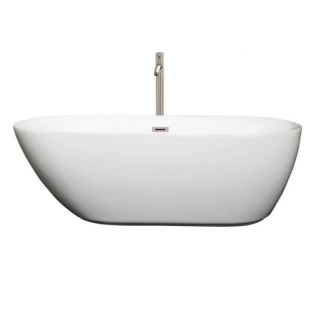 Wyndham Collection - Melissa 65 Inch Freestanding Bathtub in White with Floor Mounted Faucet, Drain and Overflow Trim in Brushed Nickel - White With Brushed Nickel