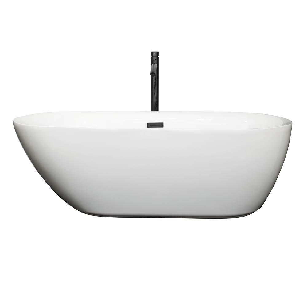 Melissa 65 Inch Freestanding Bathtub in White with Floor Mounted Faucet, Drain and Overflow Trim in Matte Black