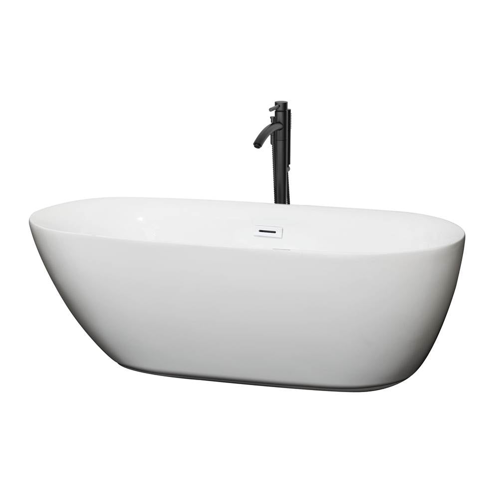 Wyndham Collection - Melissa 65 Inch Freestanding Bathtub in White with Shiny White Trim and Floor Mounted Faucet in Matte Black