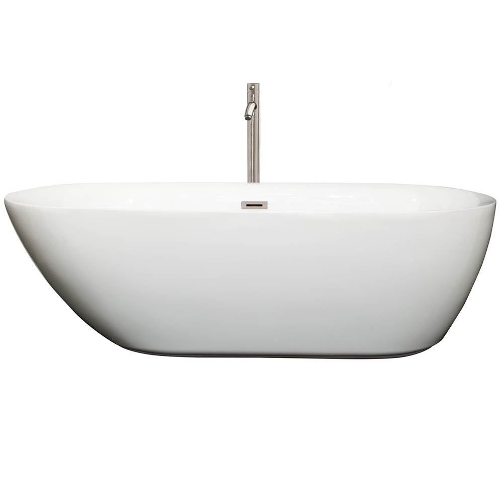 Wyndham Collection - Melissa 71 Inch Freestanding Bathtub in White with Floor Mounted Faucet, Drain and Overflow Trim in Brushed Nickel - White With Brushed Nickel