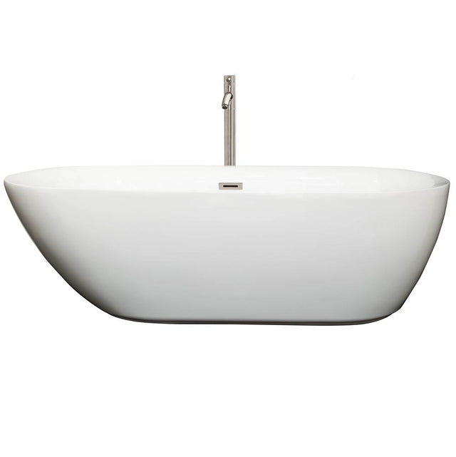 Wyndham Collection - Melissa 71 Inch Freestanding Bathtub in White with Floor Mounted Faucet, Drain and Overflow Trim in Brushed Nickel - White With Brushed Nickel