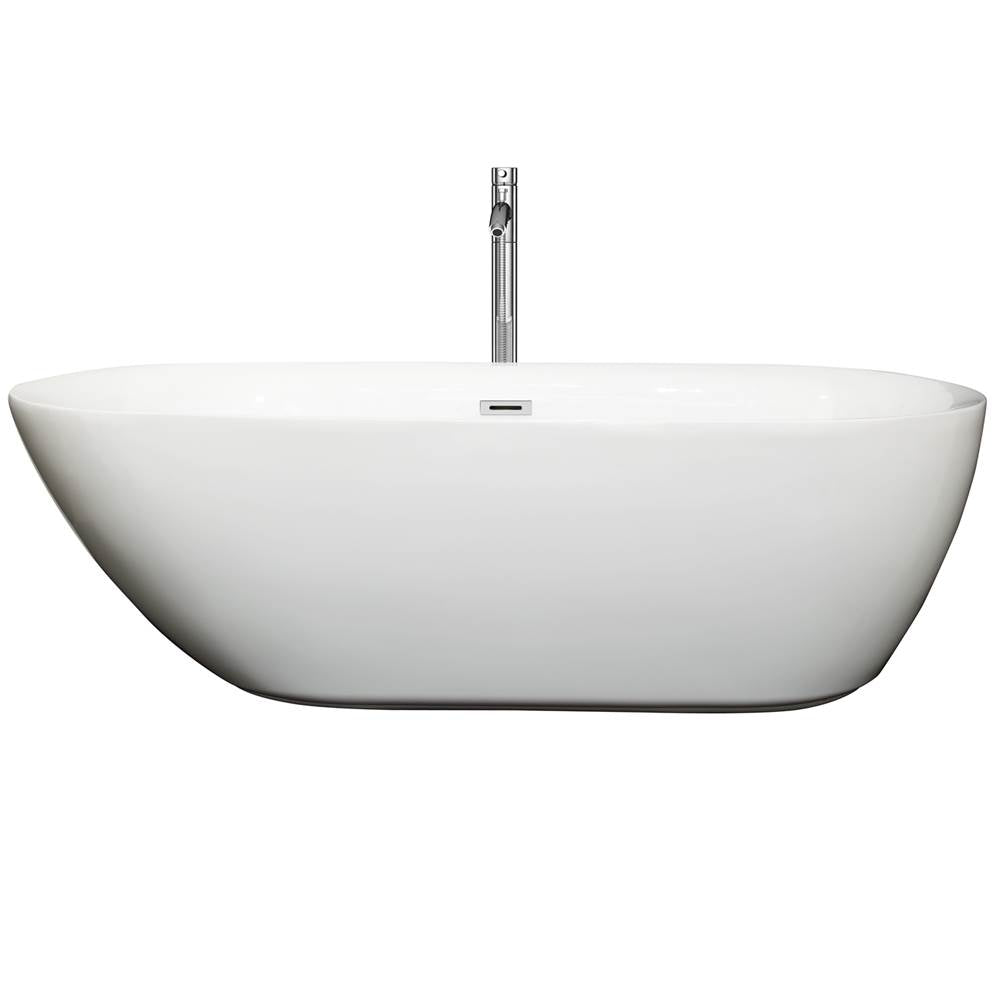Melissa 71 Inch Freestanding Bathtub in White with Floor Mounted Faucet, Drain and Overflow Trim in Brushed Nickel