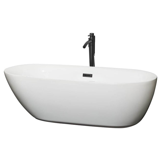 Wyndham Collection - Melissa 71 Inch Freestanding Bathtub in White with Floor Mounted Faucet, Drain and Overflow Trim in Matte Black
