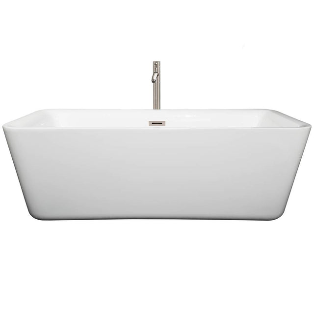 Wyndham Collection - Emily 69 Inch Freestanding Bathtub in White with Floor Mounted Faucet, Drain and Overflow Trim in Brushed Nickel - White With Brushed Nickel
