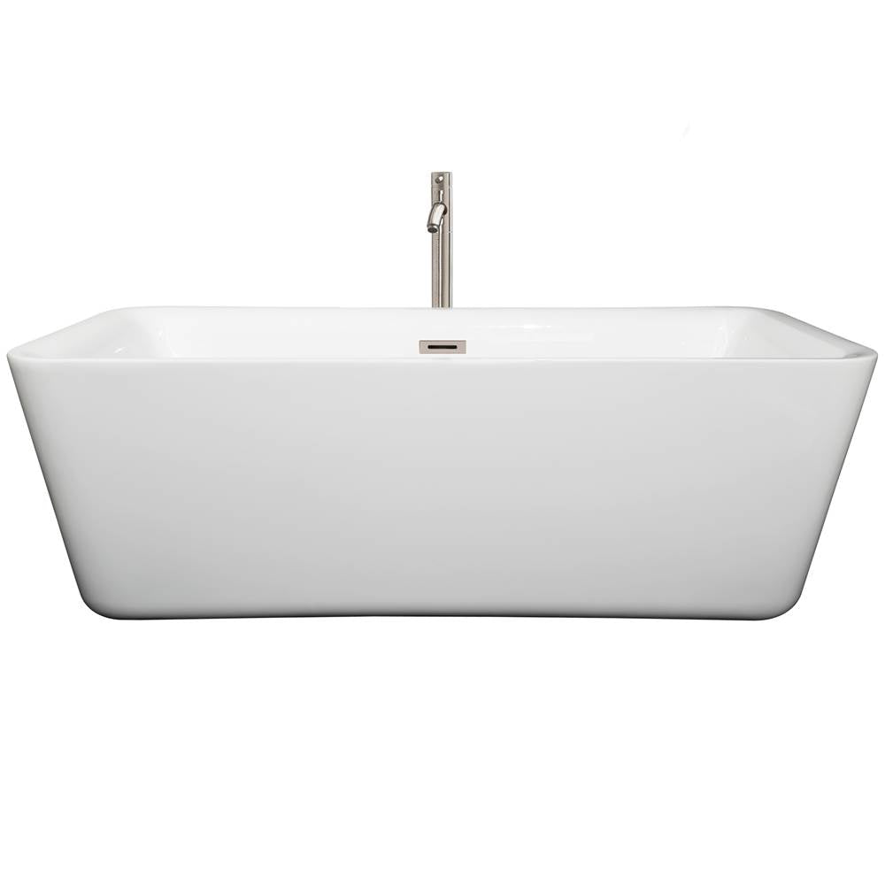Emily 69 Inch Freestanding Bathtub in White with Floor Mounted Faucet, Drain and Overflow Trim in Brushed Nickel