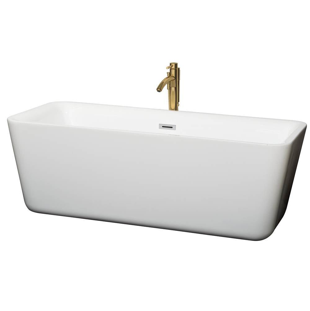 Wyndham Collection - Emily 69 Inch Freestanding Bathtub in White with Polished Chrome Trim and Floor Mounted Faucet in Brushed Gold