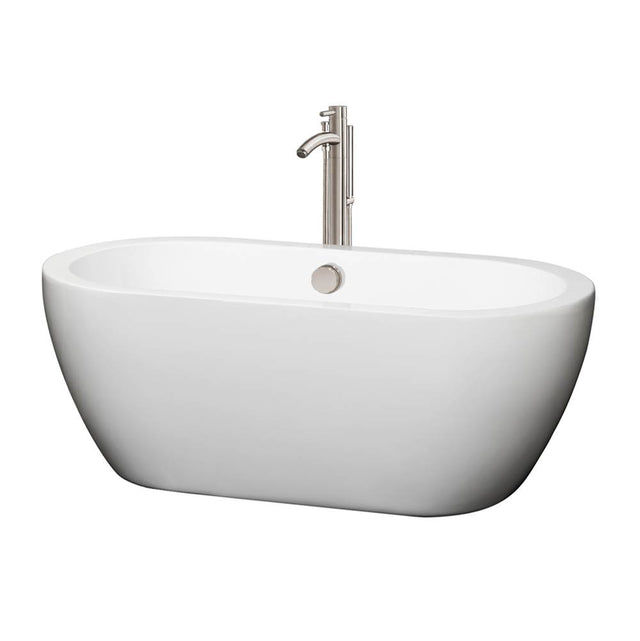 Wyndham Collection - Soho 60 Inch Freestanding Bathtub in White with Floor Mounted Faucet, Drain and Overflow Trim in Brushed Nickel - White With Brushed Nickel