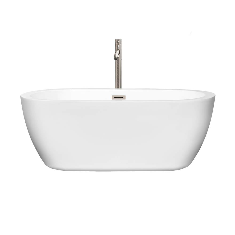 Soho 60 Inch Freestanding Bathtub in White with Floor Mounted Faucet, Drain and Overflow Trim in Brushed Nickel