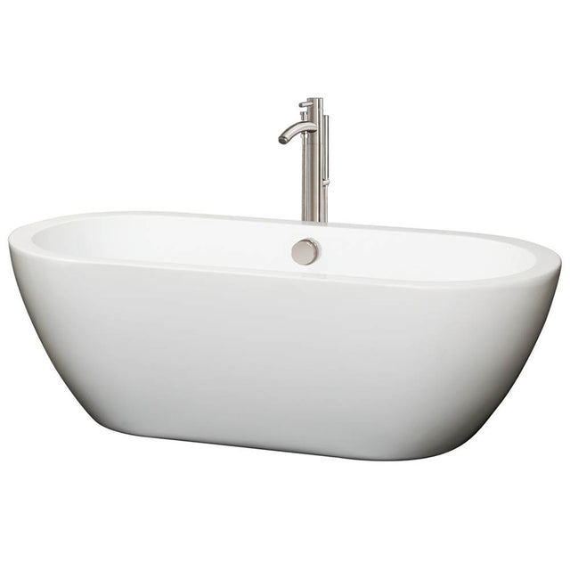Wyndham Collection - Soho 68 Inch Freestanding Bathtub in White with Floor Mounted Faucet, Drain and Overflow Trim in Brushed Nickel - White With Brushed Nickel