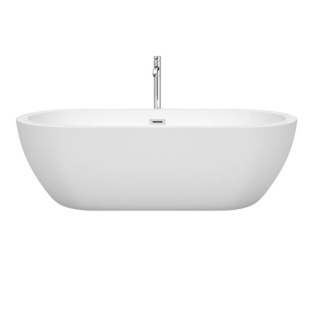 Soho 72 Inch Freestanding Bathtub in White with Floor Mounted Faucet, Drain and Overflow Trim in Brushed Nickel