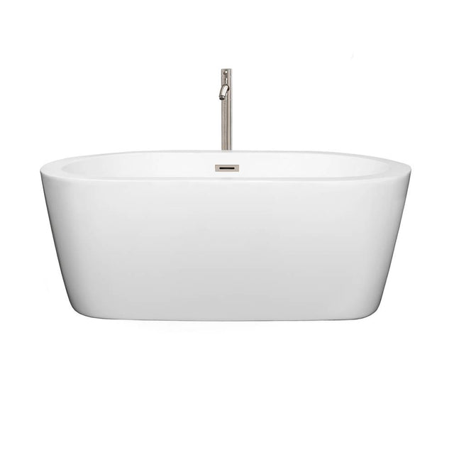 Wyndham Collection - Mermaid 60 Inch Freestanding Bathtub in White with Floor Mounted Faucet, Drain and Overflow Trim in Brushed Nickel - White With Brushed Nickel