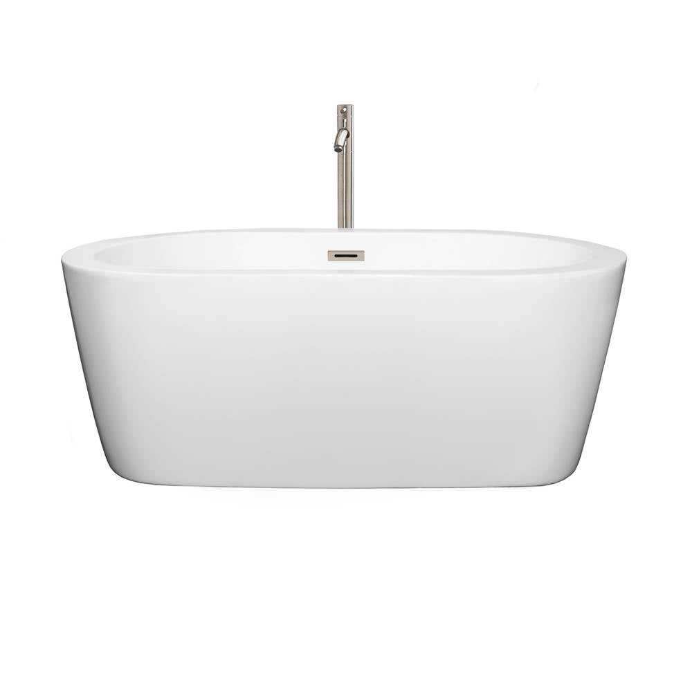 Mermaid 60 Inch Freestanding Bathtub in White with Floor Mounted Faucet, Drain and Overflow Trim in Brushed Nickel