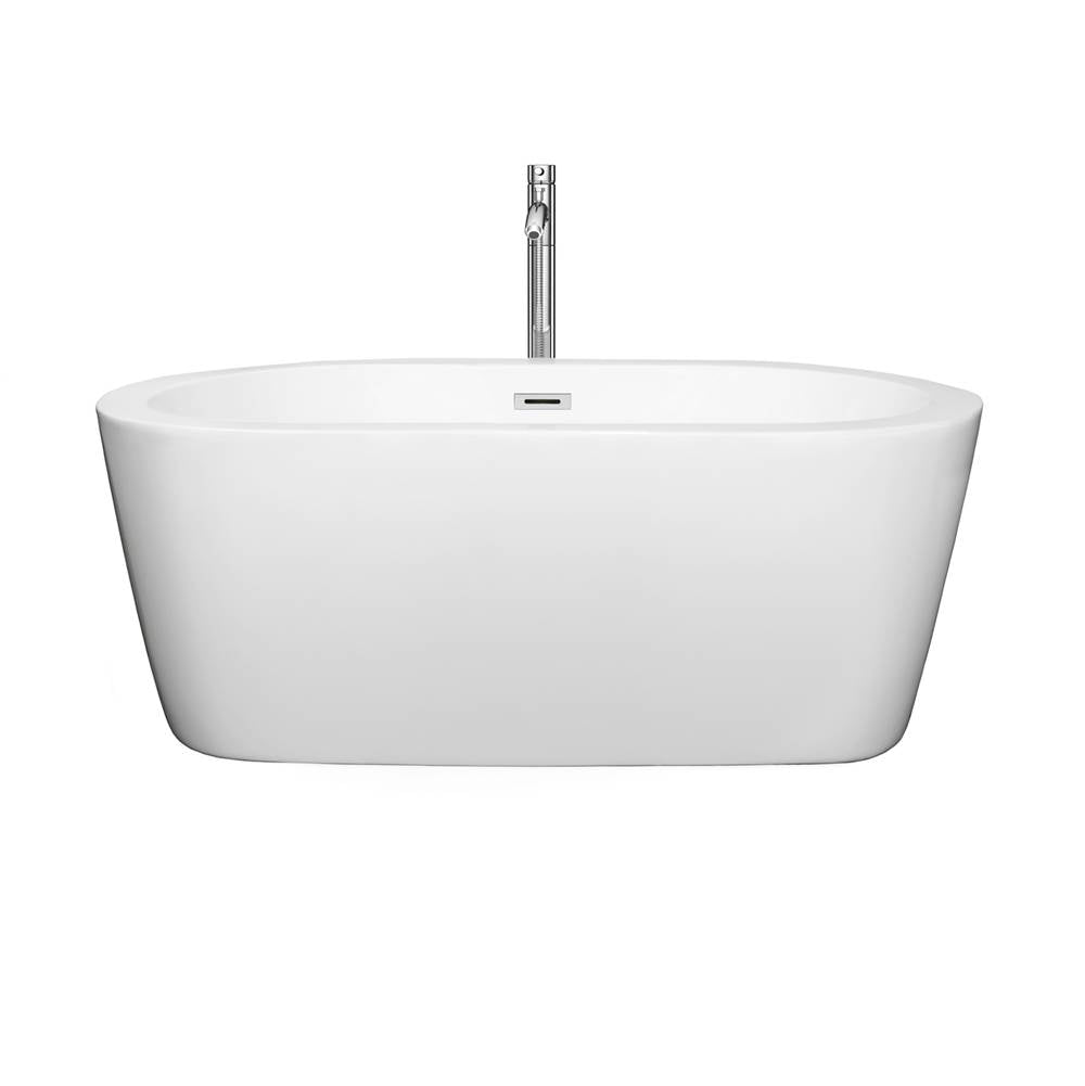Mermaid 60 Inch Freestanding Bathtub in White with Floor Mounted Faucet, Drain and Overflow Trim in Brushed Nickel