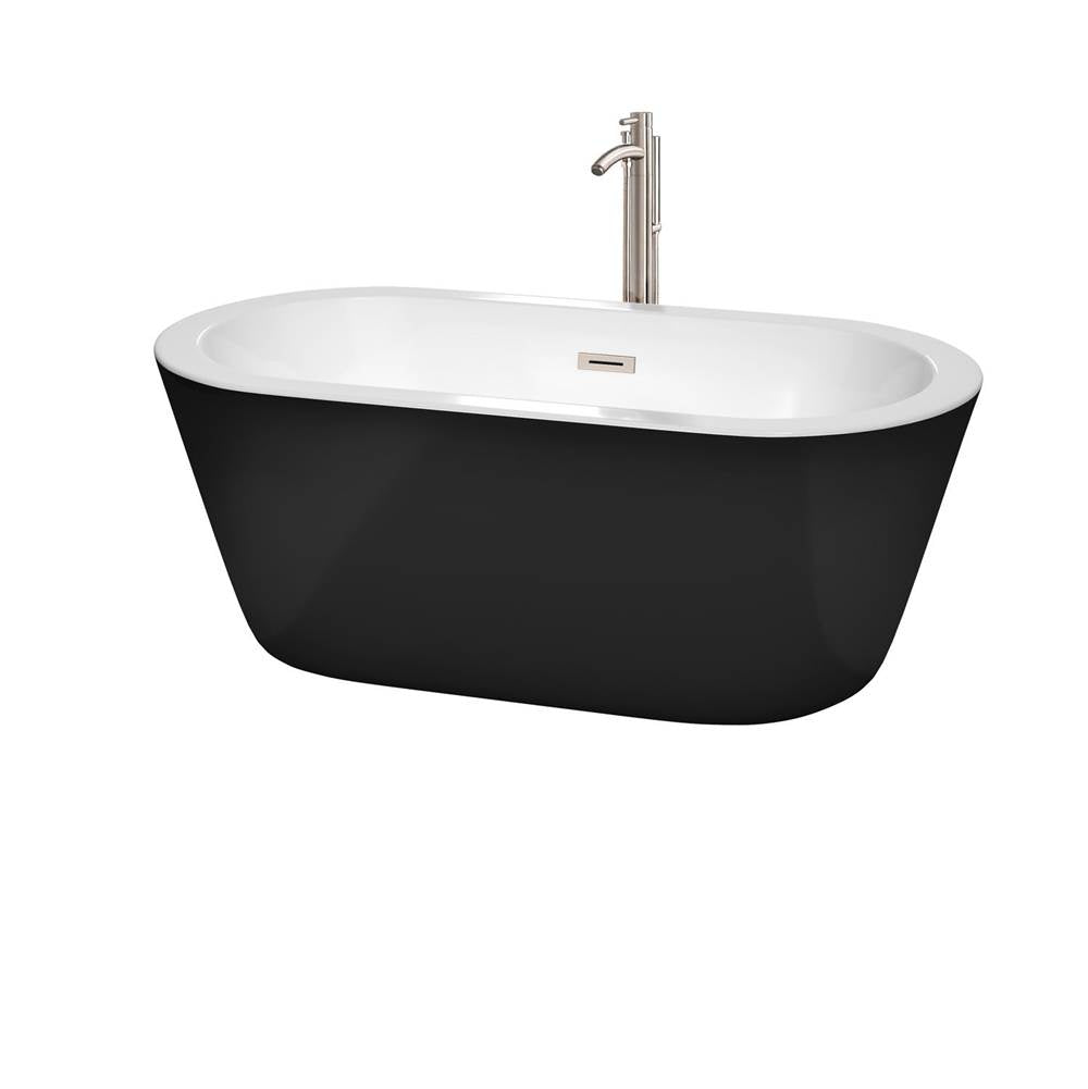 Wyndham Collection - Mermaid 60 Inch Freestanding Bathtub in Black with White Interior with Floor Mounted Faucet, Drain and Overflow Trim in Brushed Nickel - Black With Brushed Nickel