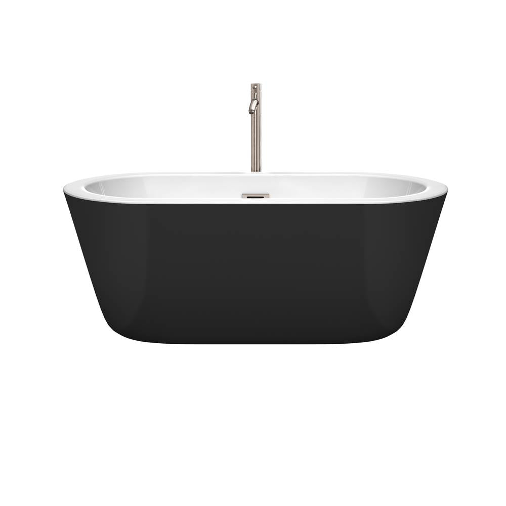 Mermaid 60 Inch Freestanding Bathtub in White with Floor Mounted Faucet, Drain and Overflow Trim in Brushed Nickel