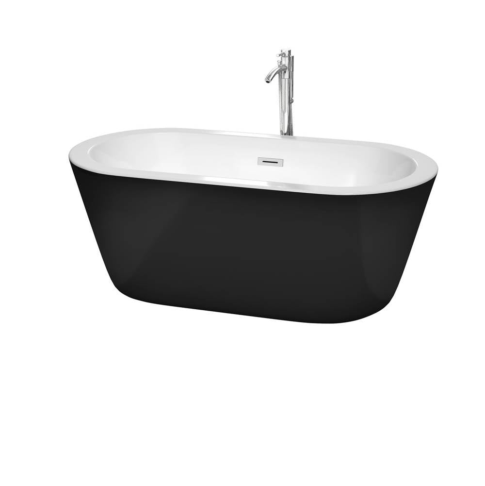 Wyndham Collection - Mermaid 60 Inch Freestanding Bathtub in Black with White Interior with Floor Mounted Faucet, Drain and Overflow Trim in Polished Chrome - Black With Polished Chrome