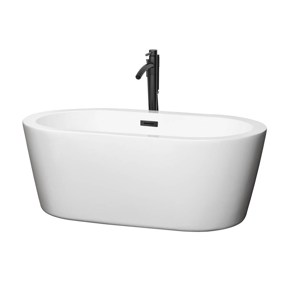 Wyndham Collection - Mermaid 60 Inch Freestanding Bathtub in White with Floor Mounted Faucet, Drain and Overflow Trim in Matte Black