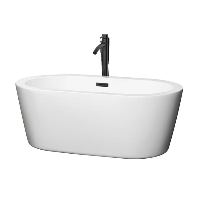 Wyndham Collection - Mermaid 60 Inch Freestanding Bathtub in White with Floor Mounted Faucet, Drain and Overflow Trim in Matte Black