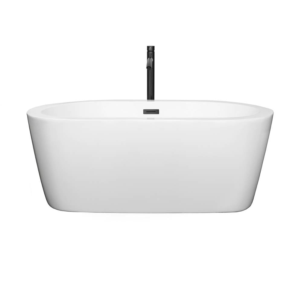 Mermaid 60 Inch Freestanding Bathtub in White with Floor Mounted Faucet, Drain and Overflow Trim in Matte Black